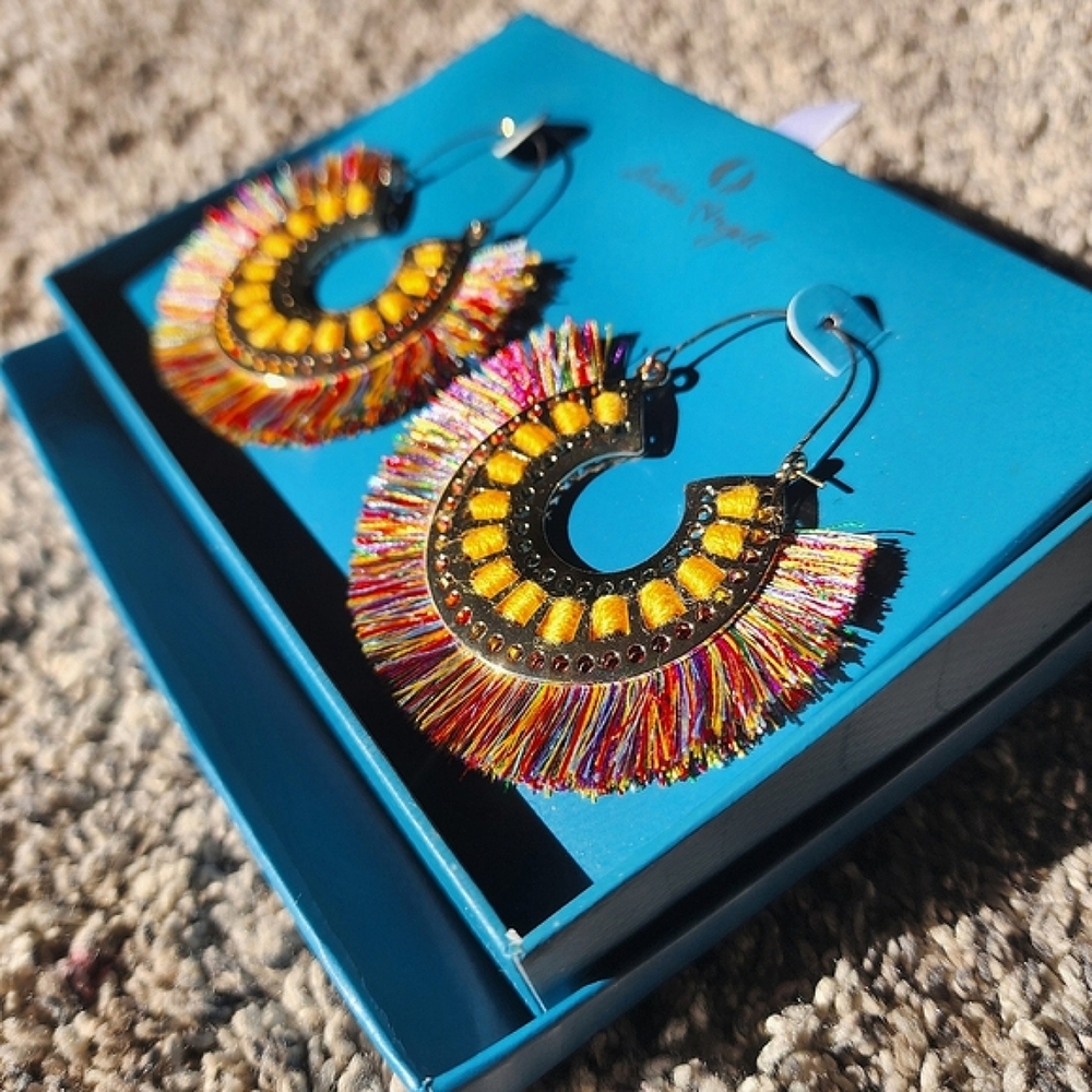 Boho Hoop Earring Set Goldtone Fringe Tassel Multi Color Hook Earrings NIB NWT